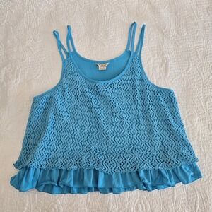Ariat Women's XL Tank Top‎ Double Strap Crochet Overlay Ruffle Aqua Blue